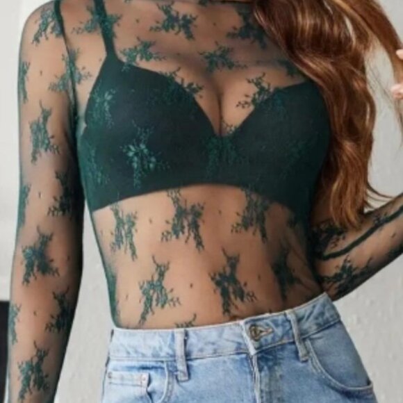 Lace Mesh Layering Long Sleeve Shirt Multiple Colors - Picture 10 of 11